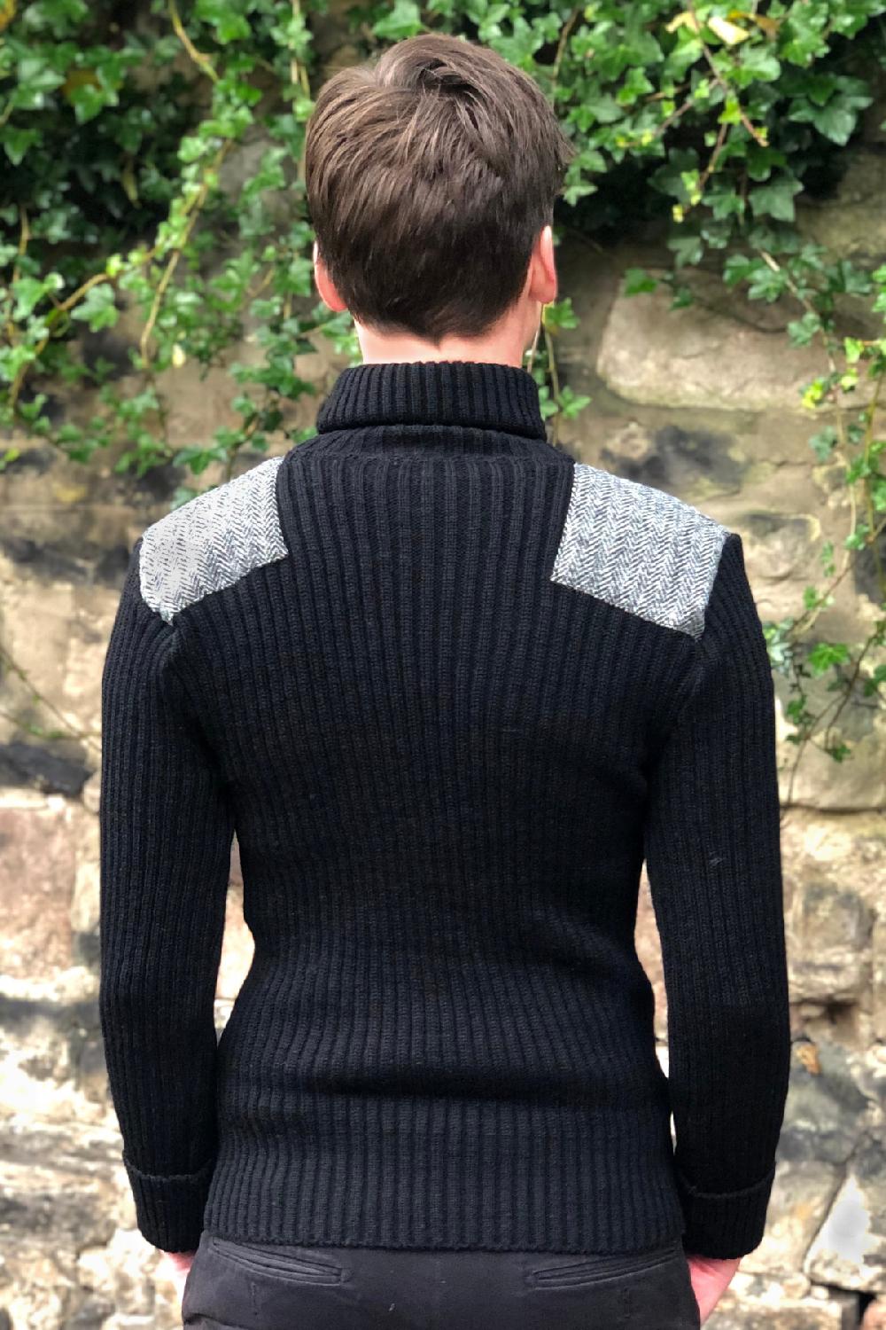 Clan Black Ghillie Sweater With Harris Tweed Patches