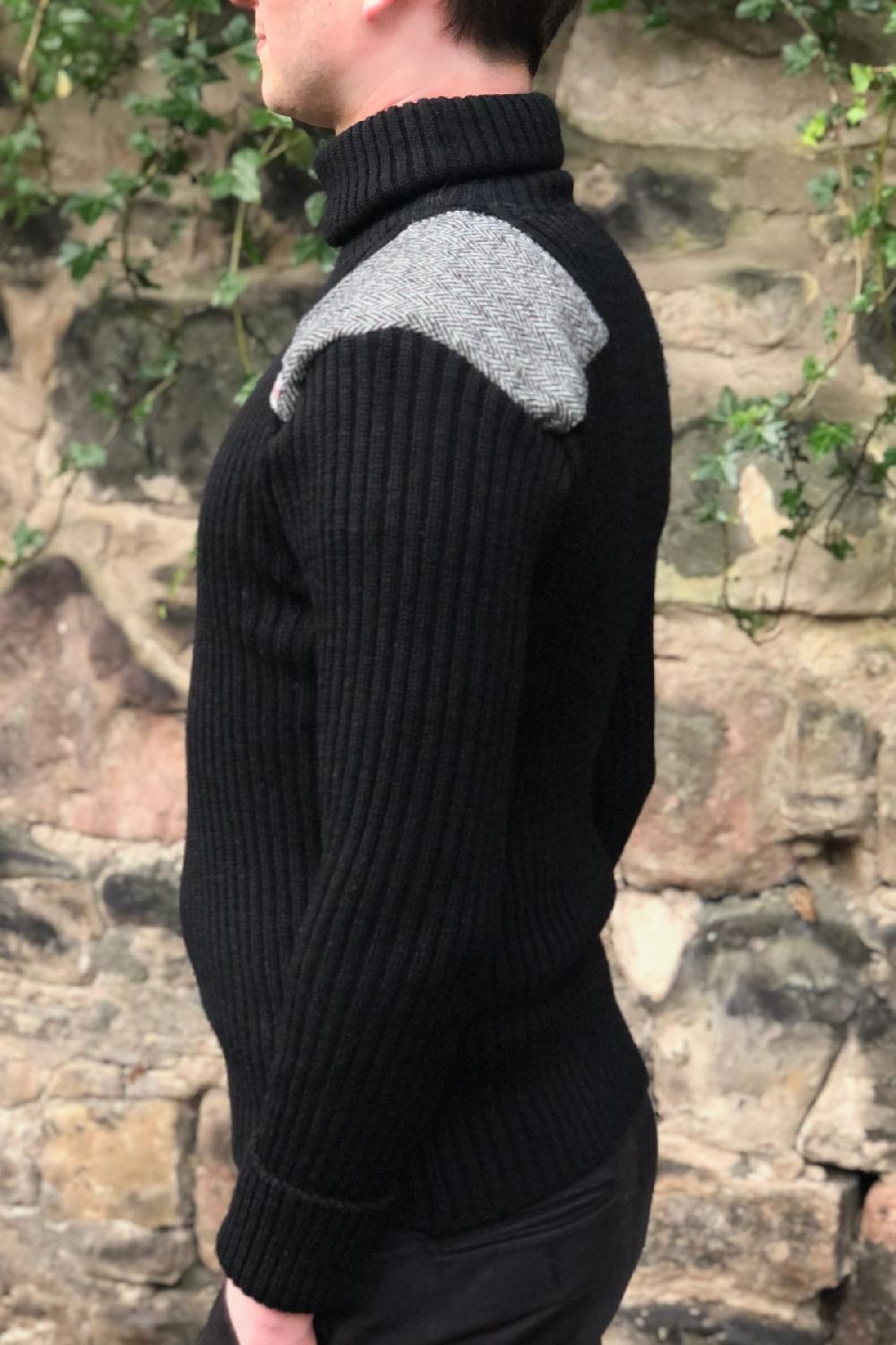 Clan Black Ghillie Sweater With Harris Tweed Patches