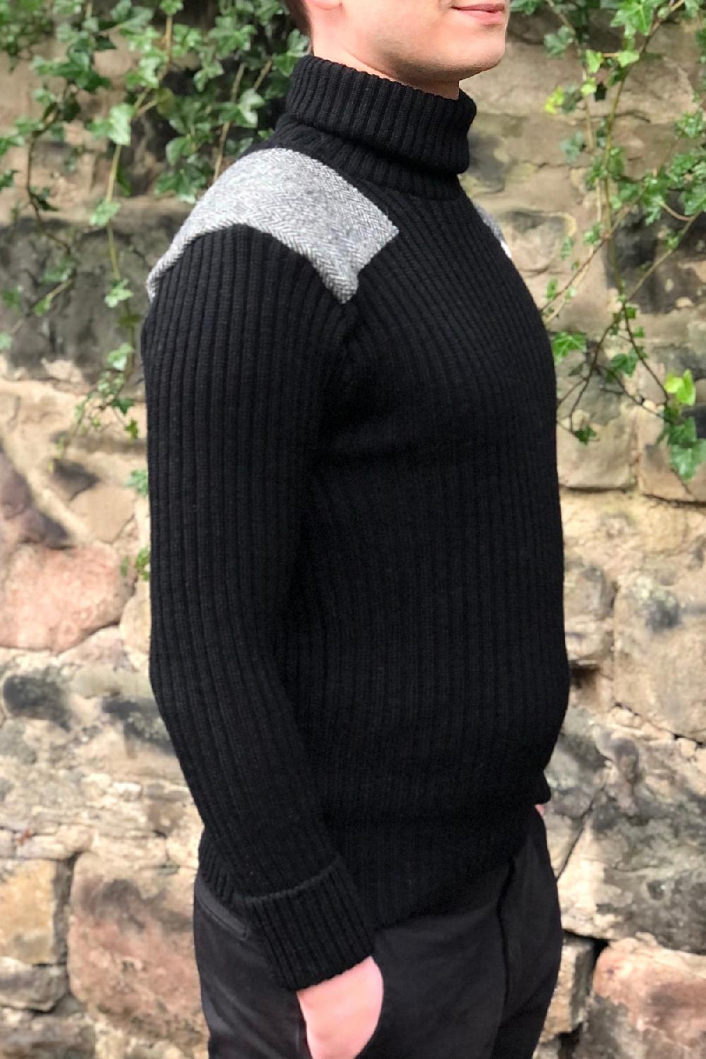 Clan Black Ghillie Sweater With Harris Tweed Patches