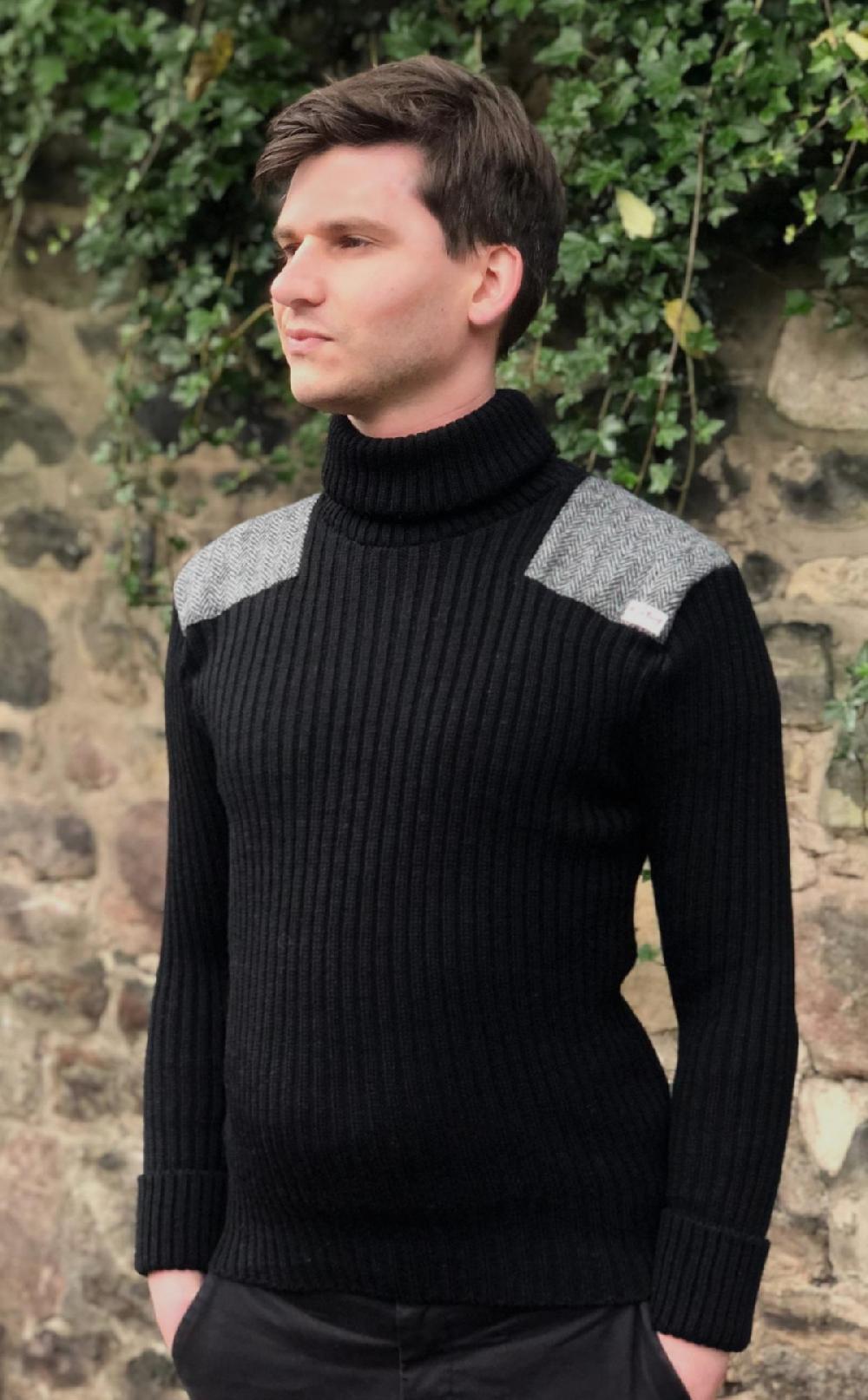 clan Black Ghillie Sweater with Harris Tweed Patches