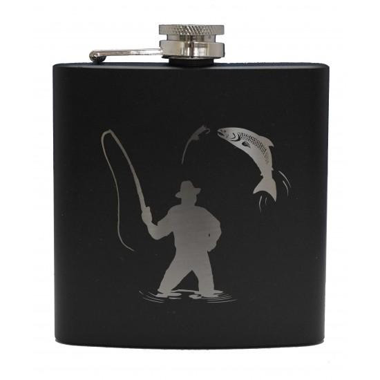 clan 6oz Matt Black Hip Flask Fisherman