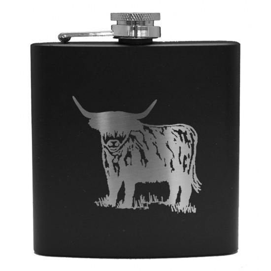 clan 6oz Matt Black Hip Flask Highland Cow