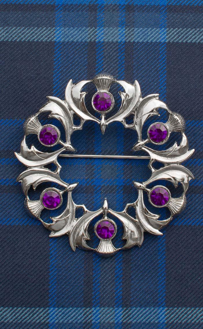 clan Jewelled Scottish Thistles Plaid Brooch