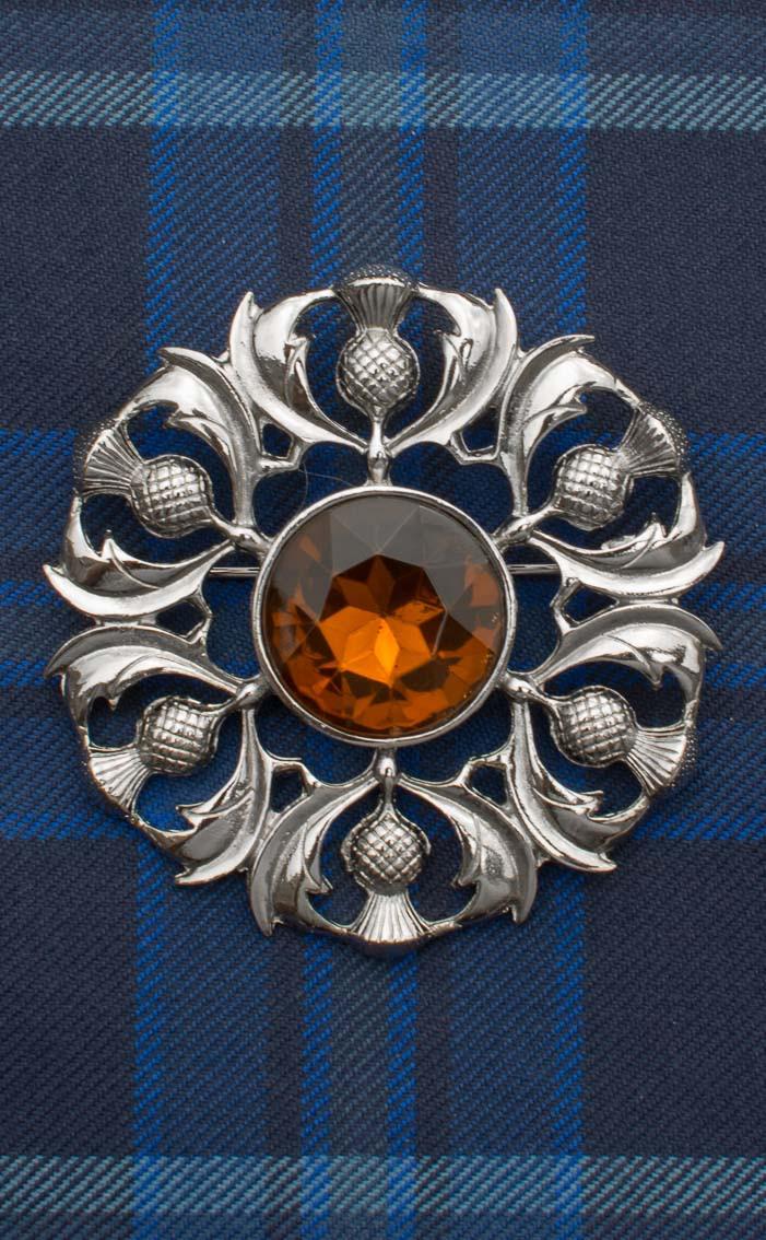 clan Scottish Thistle Jewelled Plaid Brooch