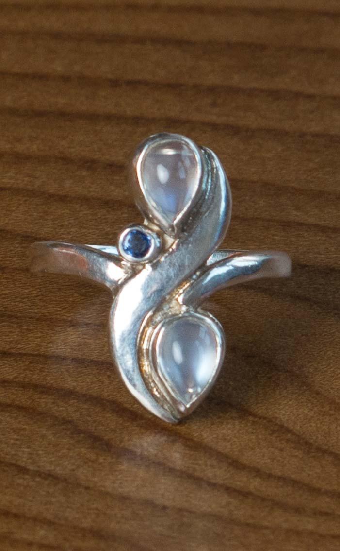 clan Twin Teardrop Moonstone and Sapphire Ring