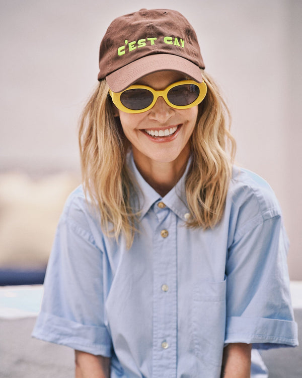 Clare Vivier Baseball Hat Brown W/ Neon Yellow C'est Gay