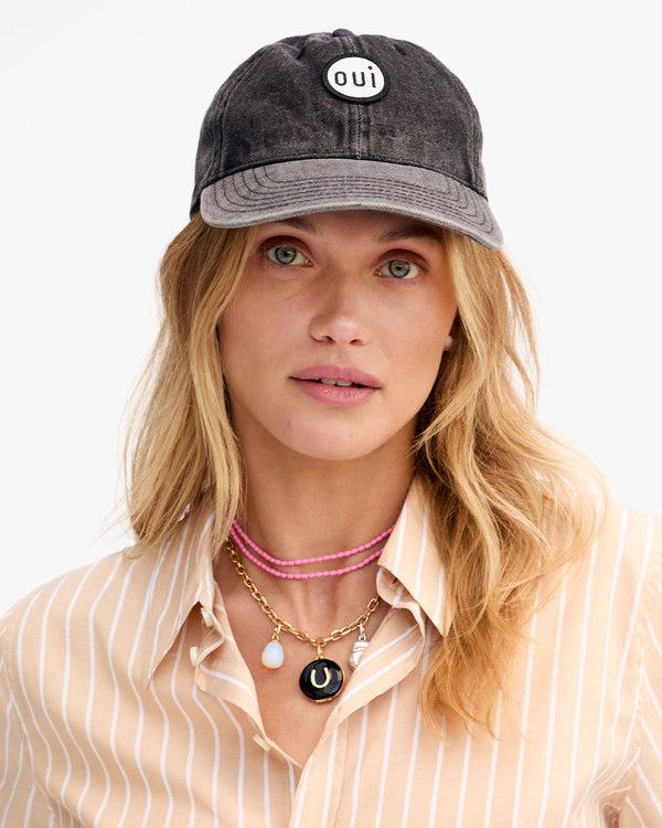 Clare Vivier Baseball Hat Faded Black Denim W/ Cream Oui Patch