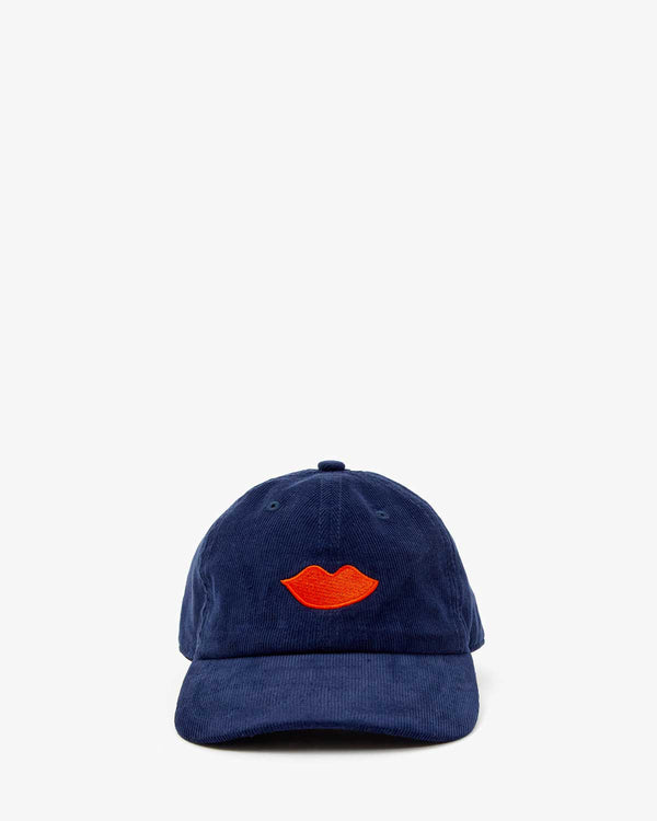 clare vivier Baseball Hat Navy Corduroy w/ Bright Poppy Embroidered Lips