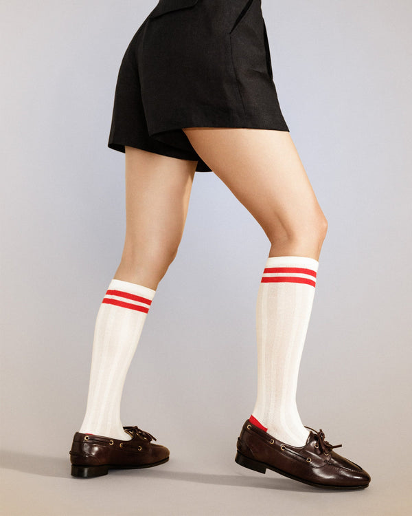 Clare Vivier Knee High Socks Cream W/ Bright Poppy