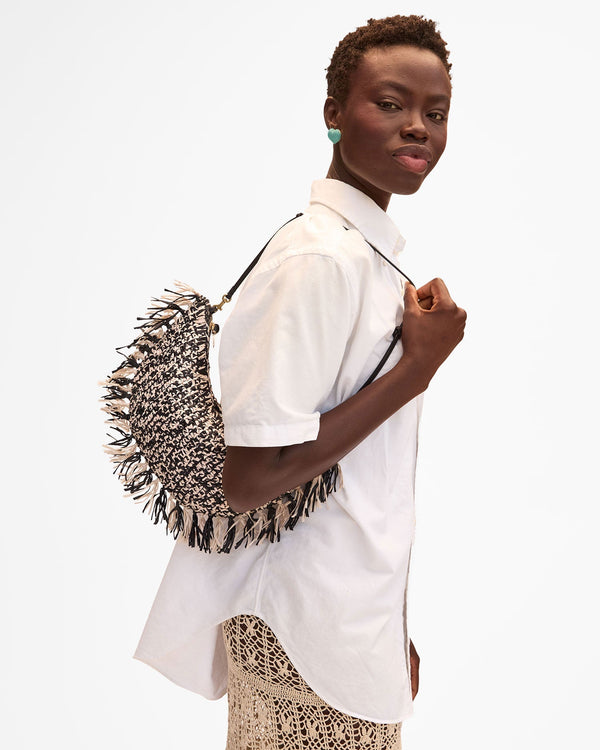 Clare Vivier Lune Black/Cream Raffia W/ Fringe