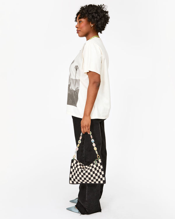 Clare Vivier Flat Clutch W/ Tabs Black/Cream Crochet Mini Checker