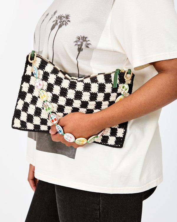 Clare Vivier Flat Clutch W/ Tabs Black/Cream Crochet Mini Checker