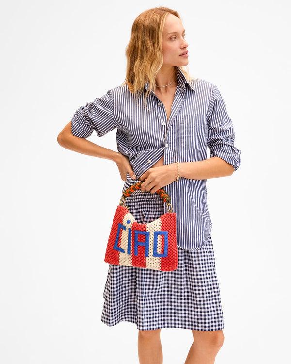 Clare Vivier Flat Clutch W/ Tabs Cream/Bright Poppy Crochet Stripe W/ Ciao