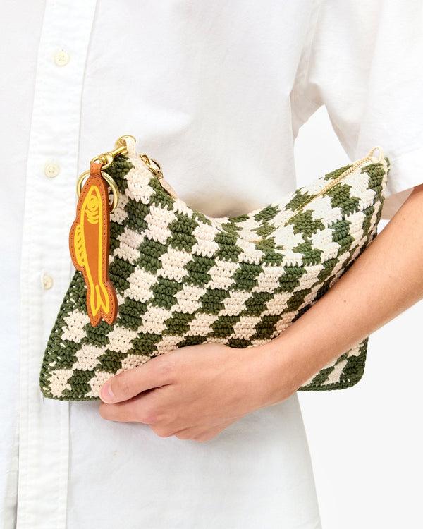 Clare Vivier Flat Clutch W/ Tabs Olive/Cream Crochet Mini Checker