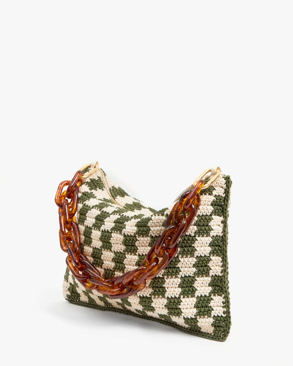 Clare Vivier Flat Clutch W/ Tabs Olive/Cream Crochet Mini Checker