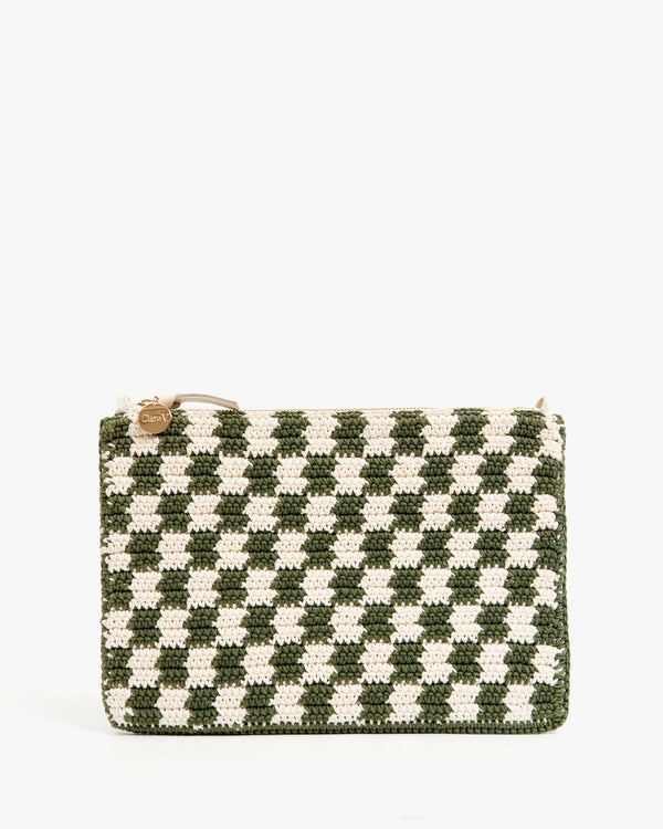 clare vivier Flat Clutch w/ Tabs Olive/Cream Crochet Mini Checker