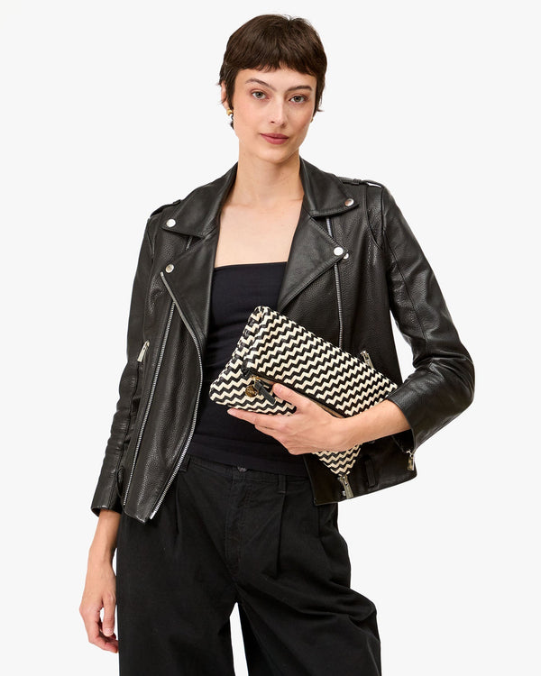 Clare Vivier Foldover Clutch W/ Tabs Black/Cream Woven Zig-Zag