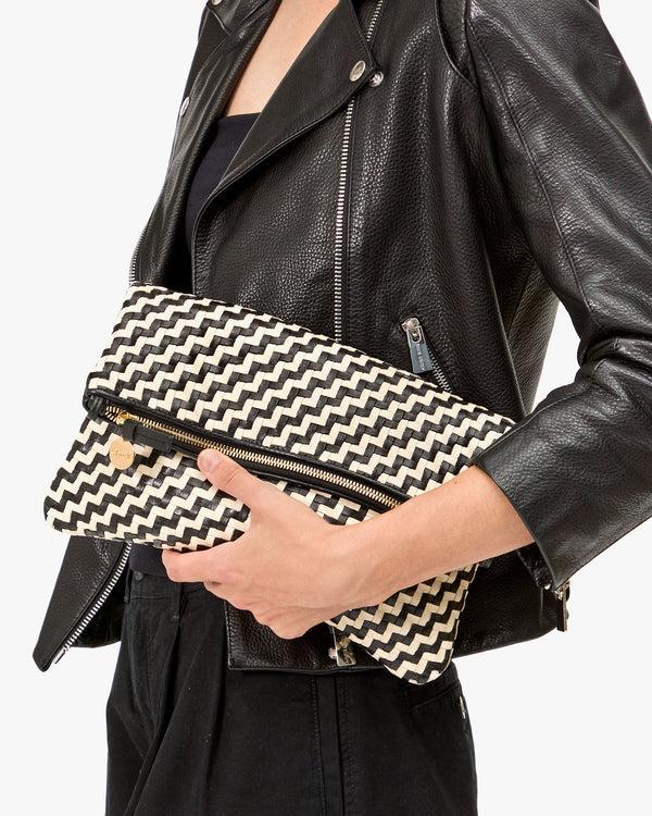Clare Vivier Foldover Clutch W/ Tabs Black/Cream Woven Zig-Zag