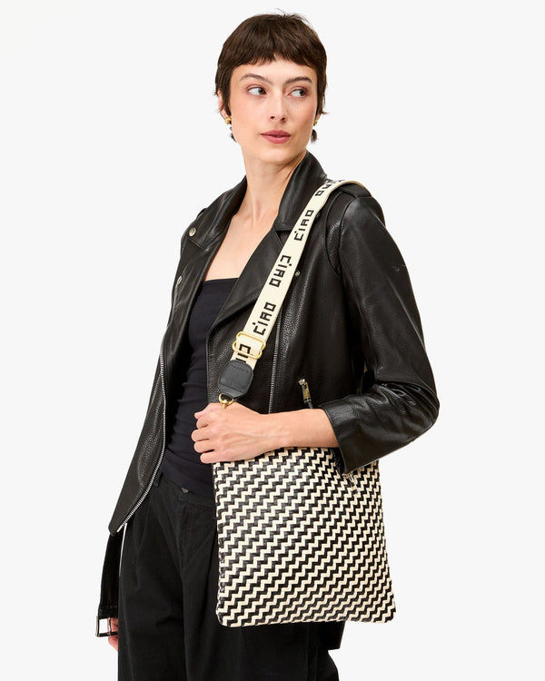 Clare Vivier Foldover Clutch W/ Tabs Black/Cream Woven Zig-Zag