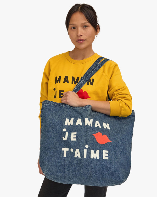 Clare Vivier Jumbo Tote Indigo Denim W/ Cream/Bright Poppy Maman Je T'aime