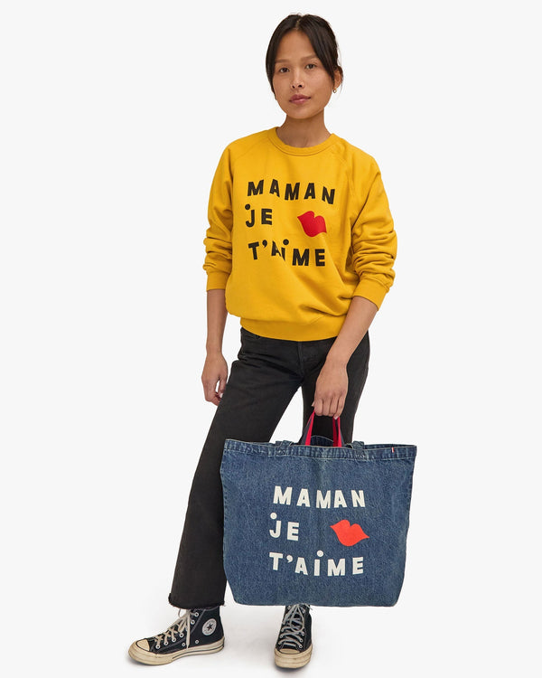 Clare Vivier Jumbo Tote Indigo Denim W/ Cream/Bright Poppy Maman Je T'aime