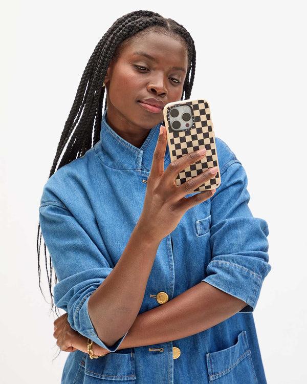 Clare Vivier Leather IPhone Case Black/Cream Checker / 13 Pro