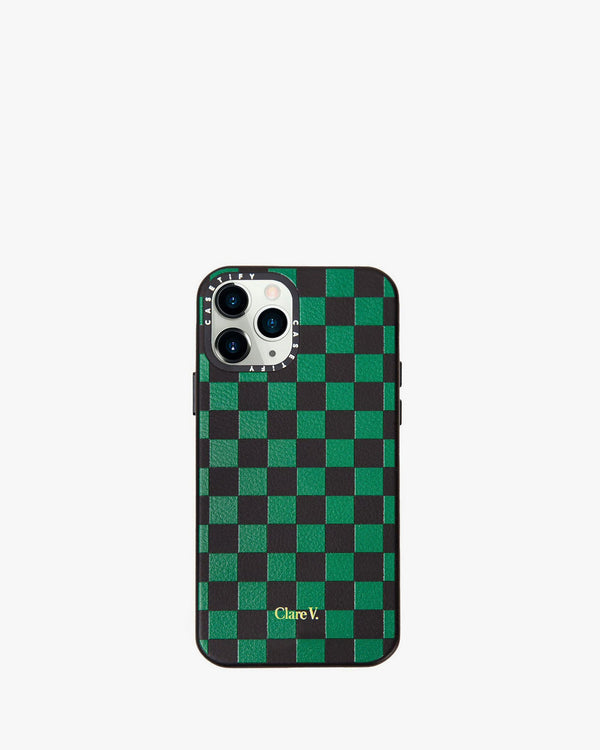 clare vivier Leather iPhone Case Black/Green Checker / 14 Pro