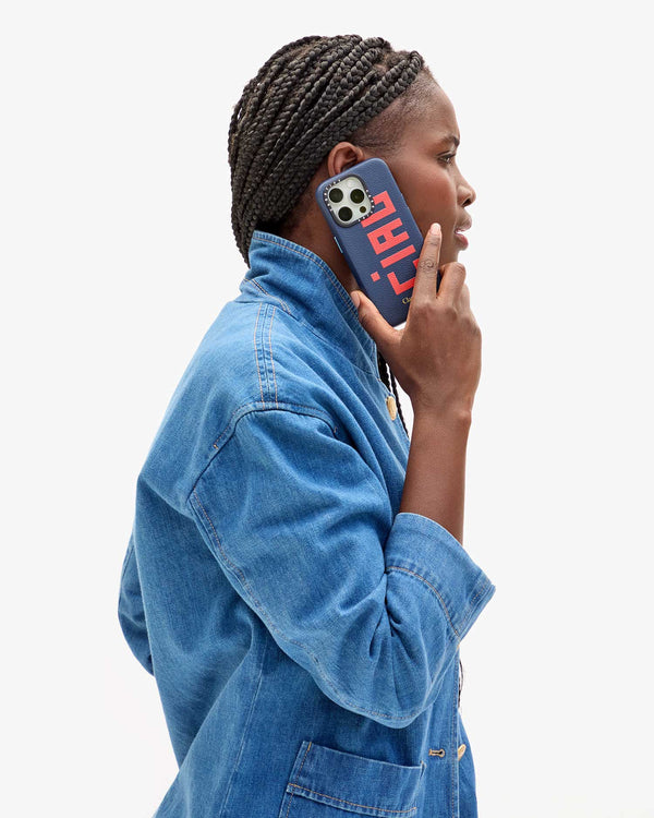 Clare Vivier Leather IPhone Case Navy W/ Poppy Ciao / 13 Pro