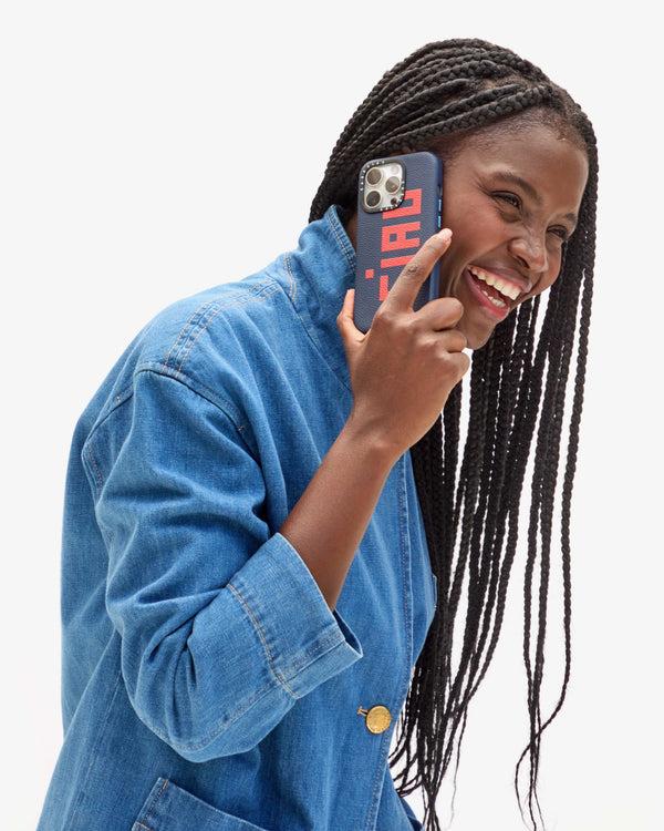 Clare Vivier Leather IPhone Case Navy W/ Poppy Ciao / 13 Pro