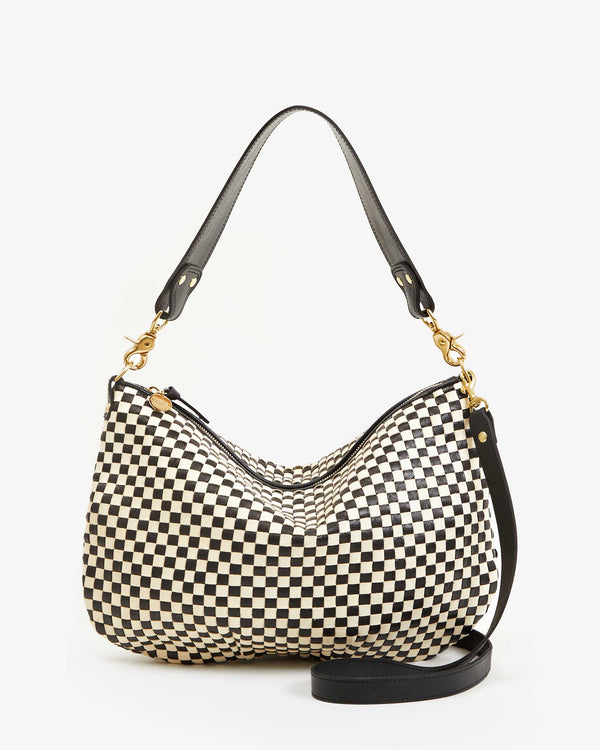 clare vivier Moyen Messenger Black/Cream Woven Checker