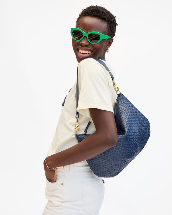 Clare Vivier Moyen Messenger Bleu Marine Woven Checker