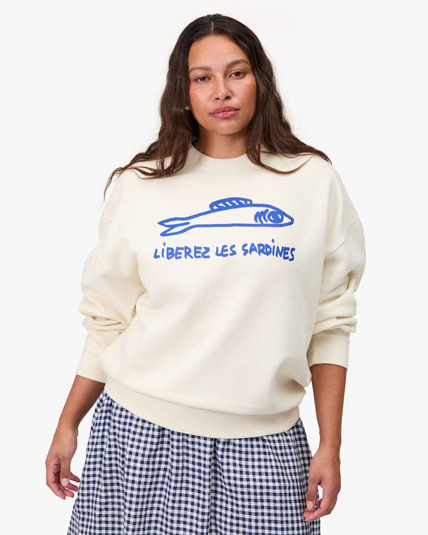 Clare Vivier Oversized Sweatshirt Cream W/ Cobalt Liberez Les Sardines / XS