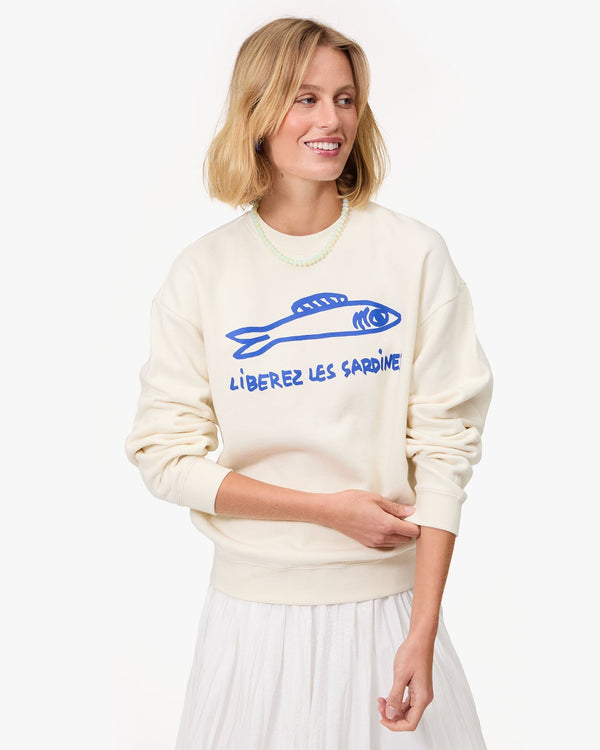 clare vivier Oversized Sweatshirt Cream w/ Cobalt Liberez Les Sardines / XS