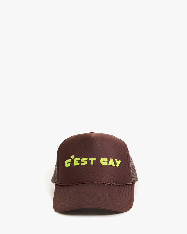 clare vivier Trucker Hat Chocolate w/ Neon Yellow C'est Gay