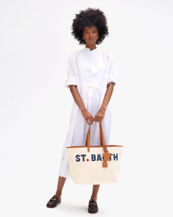 Clare Vivier Volie Natural Canvas W/ Caribbean Navy/Persimmon St. Barth