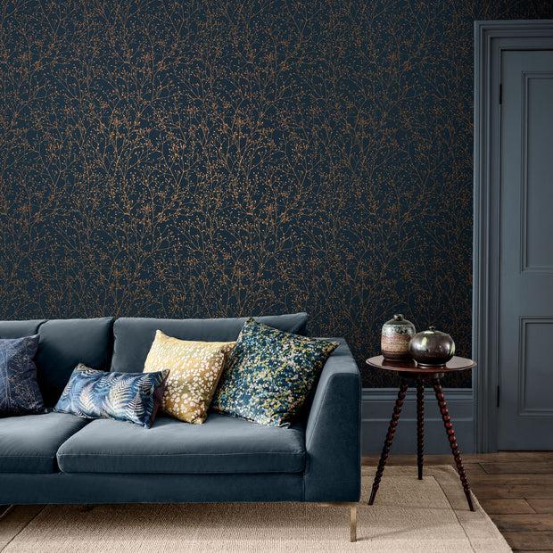 Clarissa Hulse Gypsophila Wallpaper - Midnight & Copper (120381)
