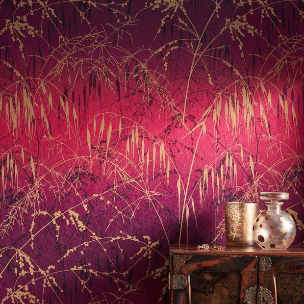 Clarissa Hulse Meadow Grass Wallpaper - Damson & Soft Gold (120396)