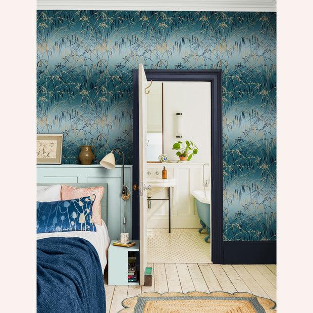 Clarissa Hulse Meadow Grass Wallpaper - Teal & Soft Gold (120391)