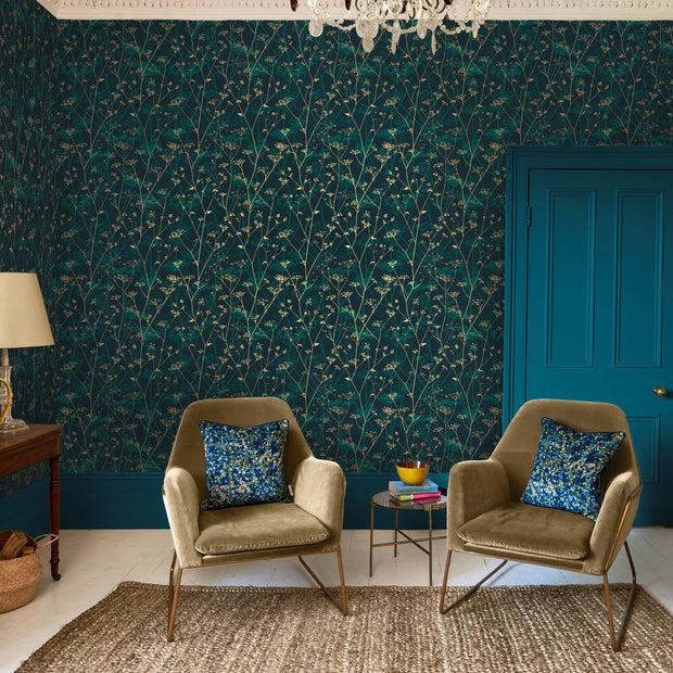clarissa hulse Wild Chervil Wallpaper - Kingfisher & Gold (120394)