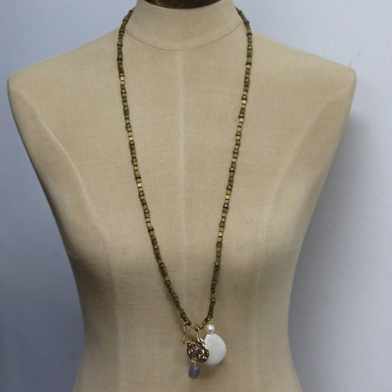 classic collection Long bronze necklace with pearl gold and heart charms