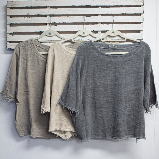 classic collection Natural woven linen top with round neck and 3/4 sleeves with frayed detail
