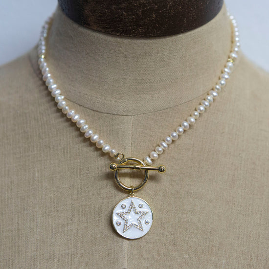 classic collection Pearl necklace with gold fob and star charm