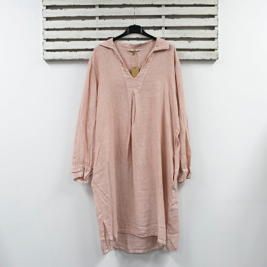 classic collection Pink linen short dress with v neck collar and long sleeves