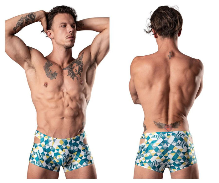 clever moda Male Power 141-292 Cut It Out Cut Out Mini Short Color Blue-Green-White