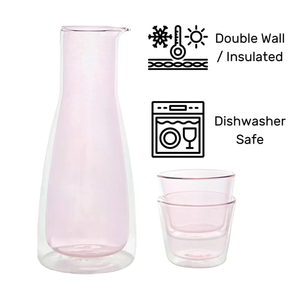 Cloudnola Rocks Set Pink – Pink Glass Carafe & 2 Glasses – Double-Wall | Cloudnola