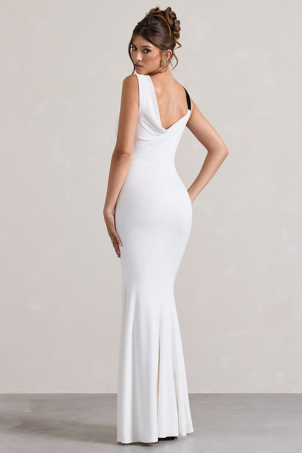 Club L A Catch White Cowl-Neck Split Maxi Dress With Bow