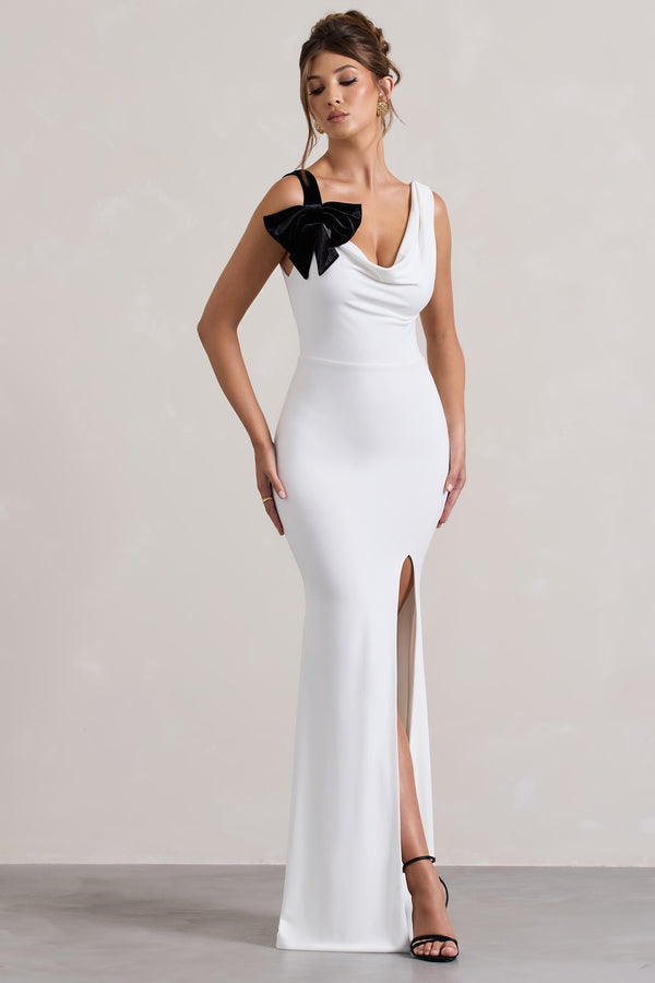 club l A Catch White Cowl-Neck Split Maxi Dress With Bow