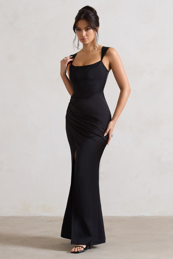 Club L A Romantic Black Satin Corset Wrap Maxi Dress