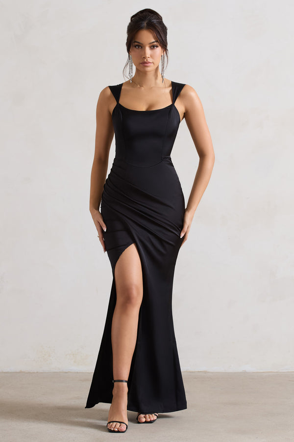 club l A Romantic Black Satin Corset Wrap Maxi Dress