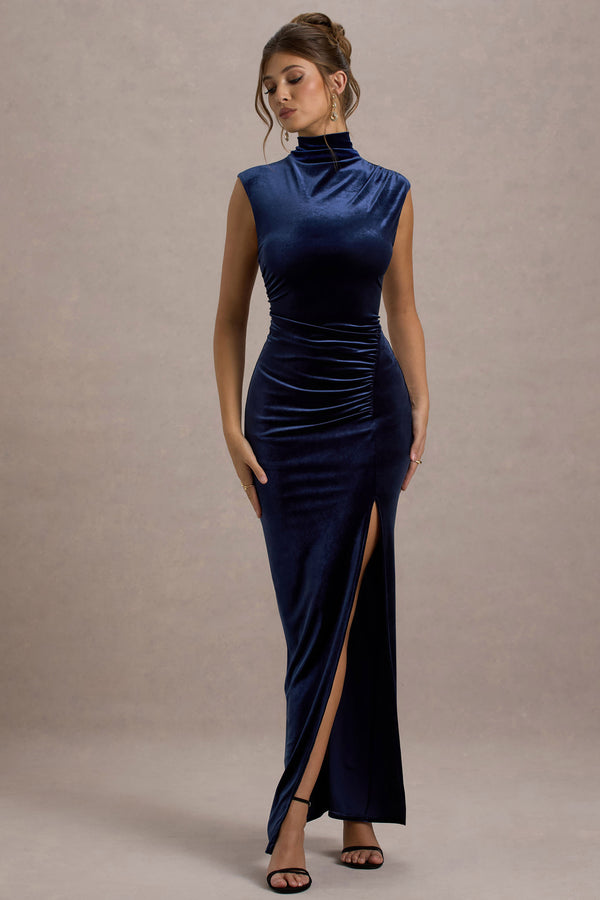 club l Abilene Navy Velvet High-Neck Split Maxi Dress